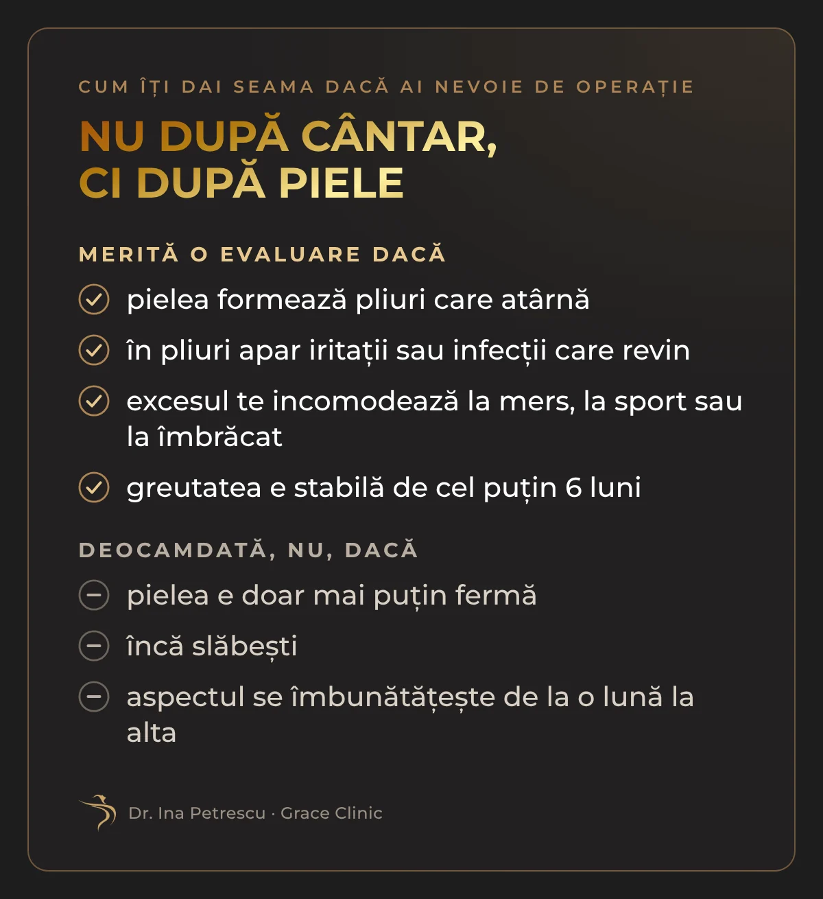Semne că merită o evaluare pentru excesul de piele: pliuri care atârnă, iritații în pliuri, disconfort, greutate stabilă de cel puțin 6 luni; și semnele că nu e încă momentul